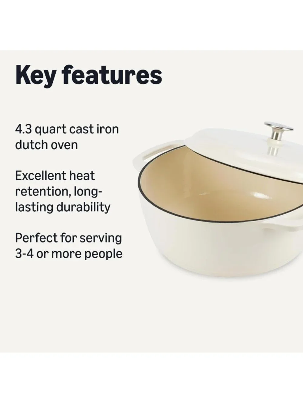 Heavy-Duty Enameled Cast Iron Dutch Oven Pot with Lid, 4.3-Quart, White
